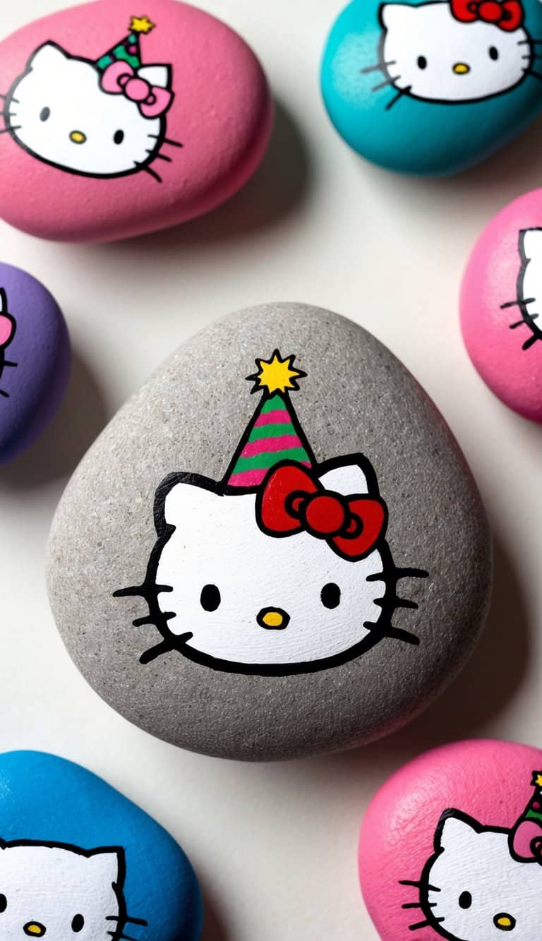 Hello Kitty wearing a party hat, surrounded by colorful painted rocks with Hello Kitty designs