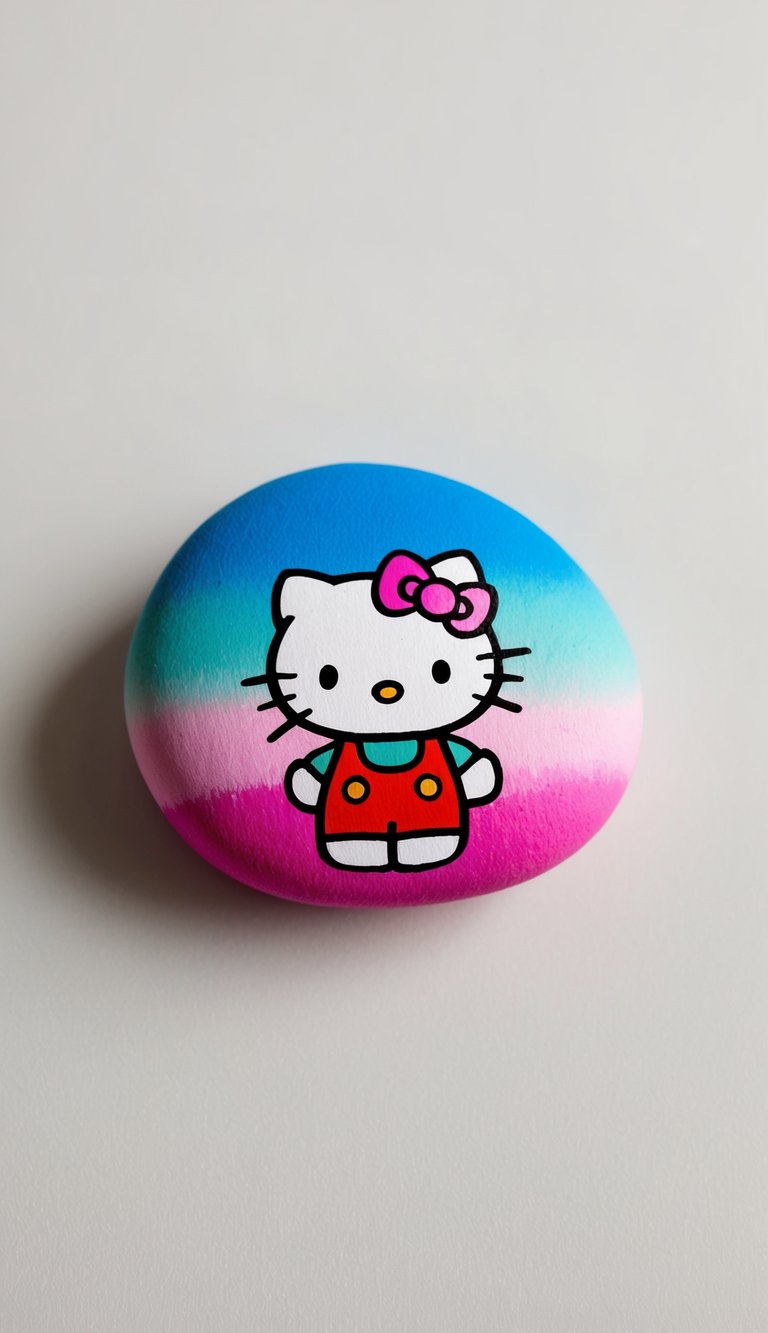 A colorful rock with a Hello Kitty design, featuring a gradient ombre effect to add depth and charm
