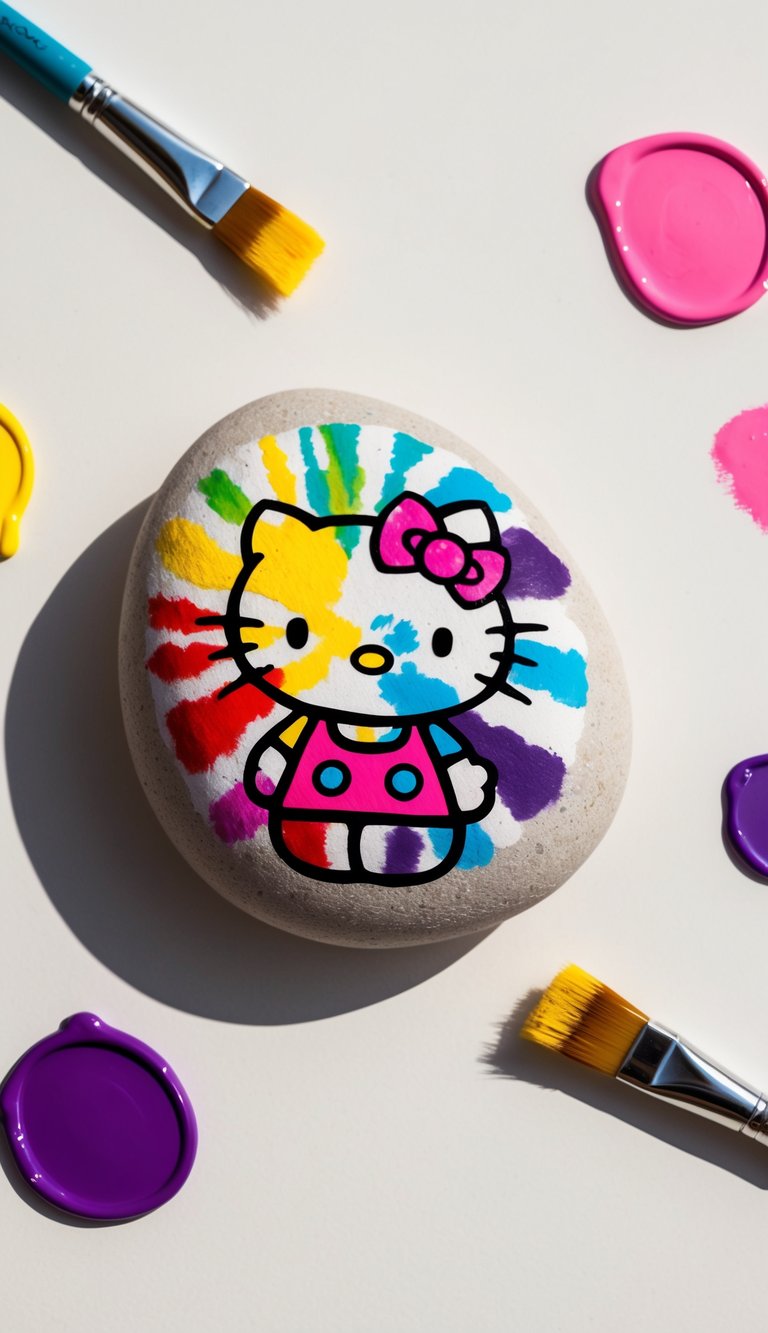 A tie-dye rock with a Hello Kitty design, surrounded by colorful paint and paintbrushes