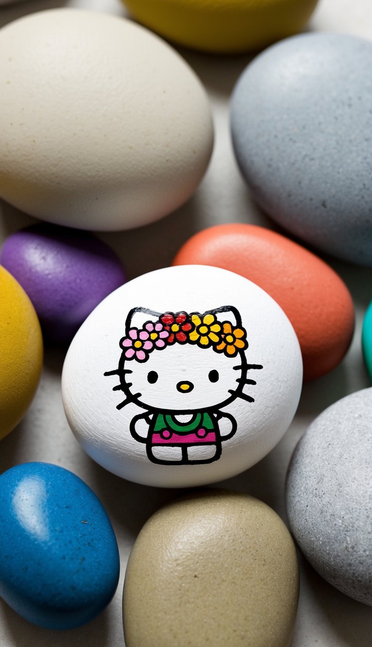 Hello Kitty wearing a flower crown, surrounded by colorful rocks