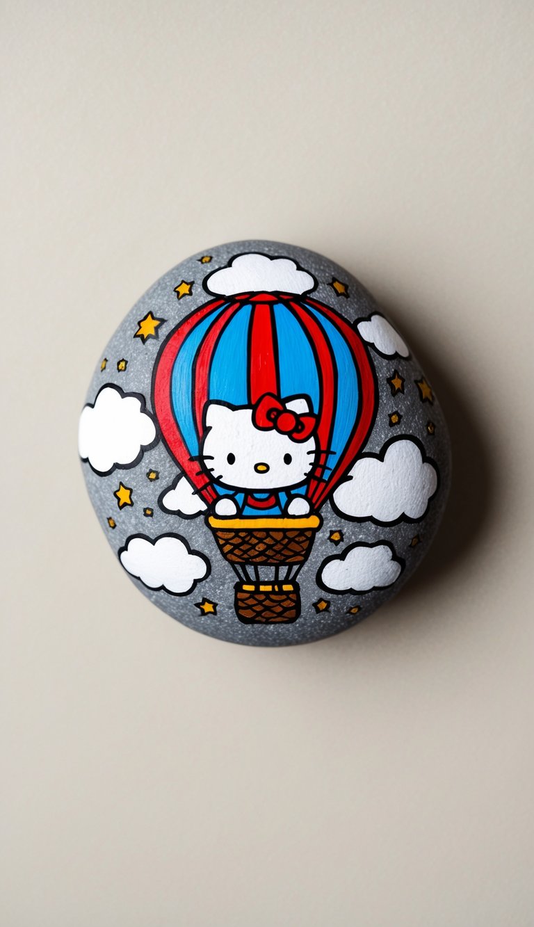 Hello Kitty sits in a hot air balloon, surrounded by clouds and stars, with a cute smile on her face