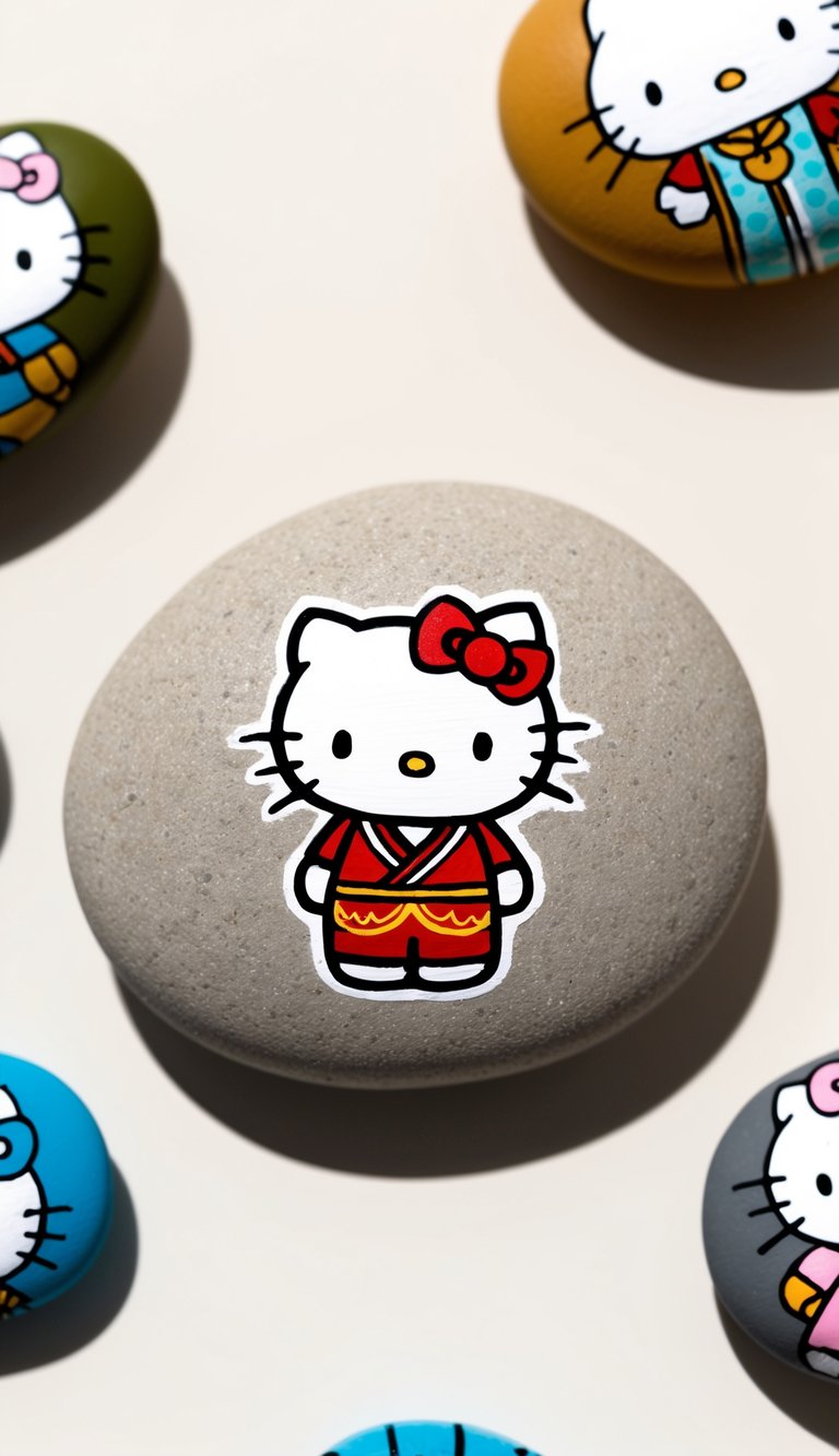 Hello Kitty in a traditional costume, surrounded by kawaii painted rocks