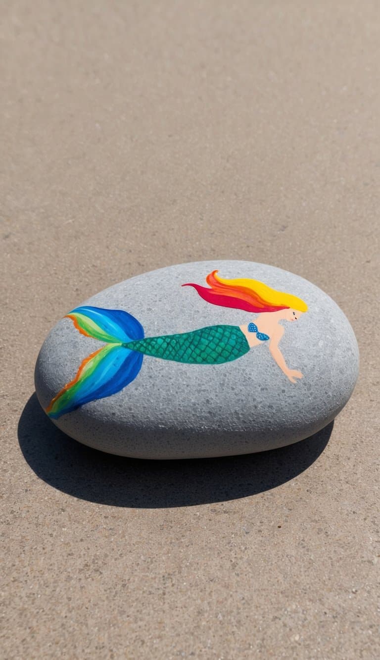 A mermaid with a bright rainbow tail sits on a rock in the ocean