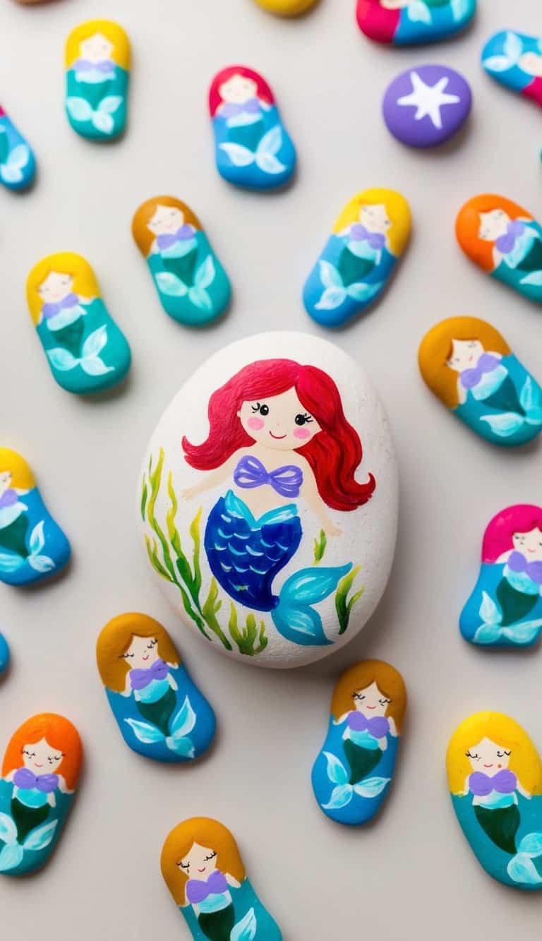 A colorful underwater world with a handcrafted Little Mermaid rock surrounded by 50 mermaid painted rocks