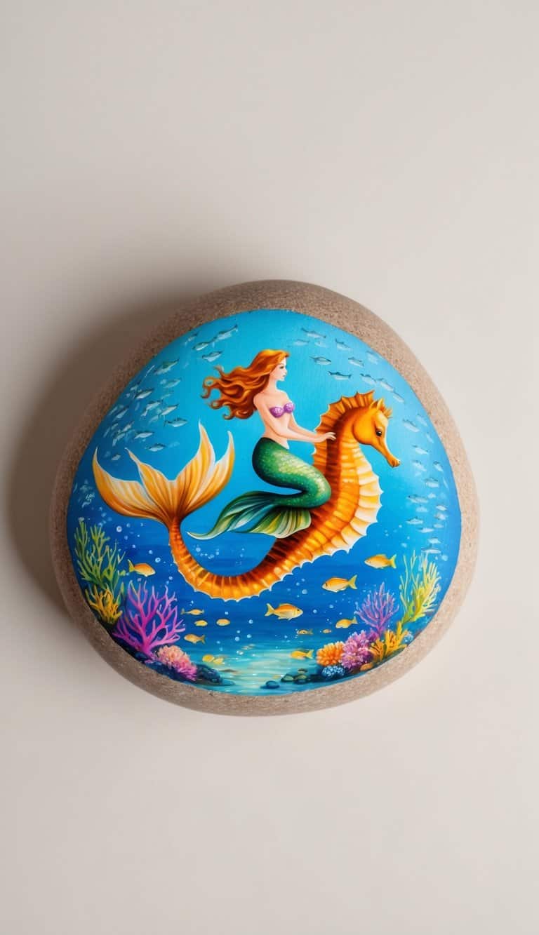 A mermaid gracefully rides a seahorse through a vibrant underwater world, surrounded by colorful coral and shimmering schools of fish