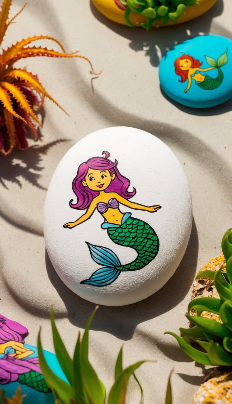 A group of colorful cartoon-style mermaid rocks scattered across the ocean floor, surrounded by vibrant sea plants and swirling currents
