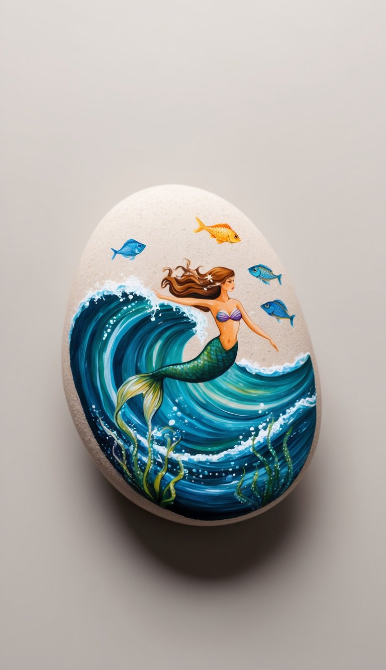 A mermaid swims gracefully through swirling ocean waves, surrounded by colorful fish and sparkling sea plants