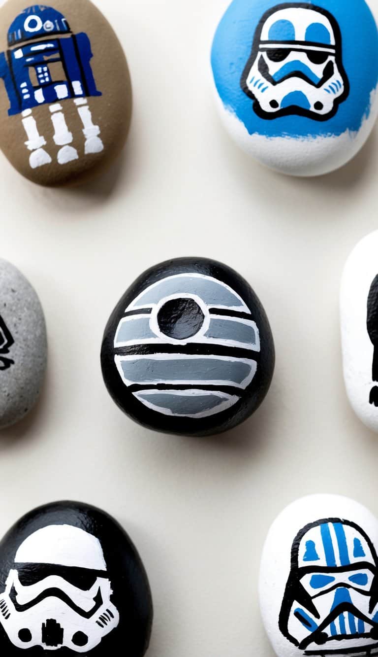 A small stone painted to resemble the Death Star, surrounded by other rocks painted with various Star Wars characters and symbols