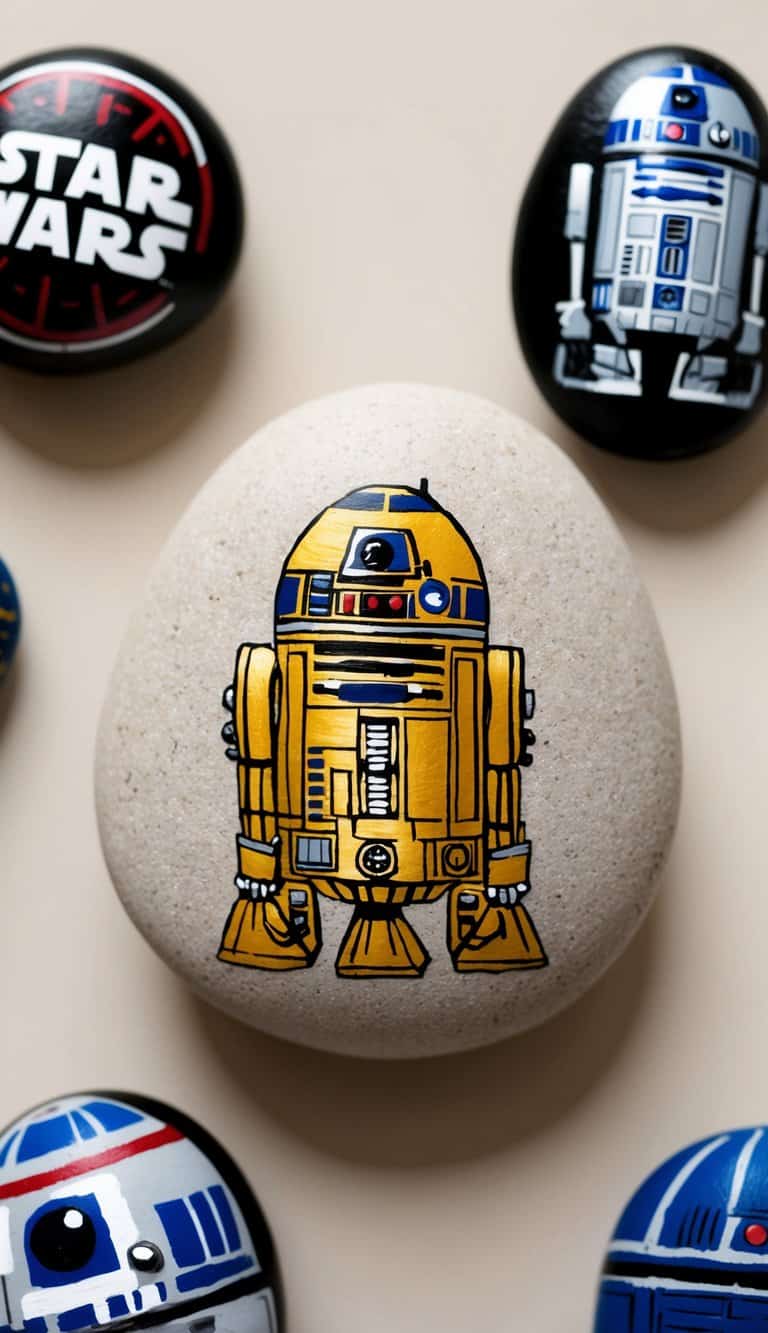 A golden C-3PO robot painted on a rock, surrounded by other Star Wars-themed painted rocks