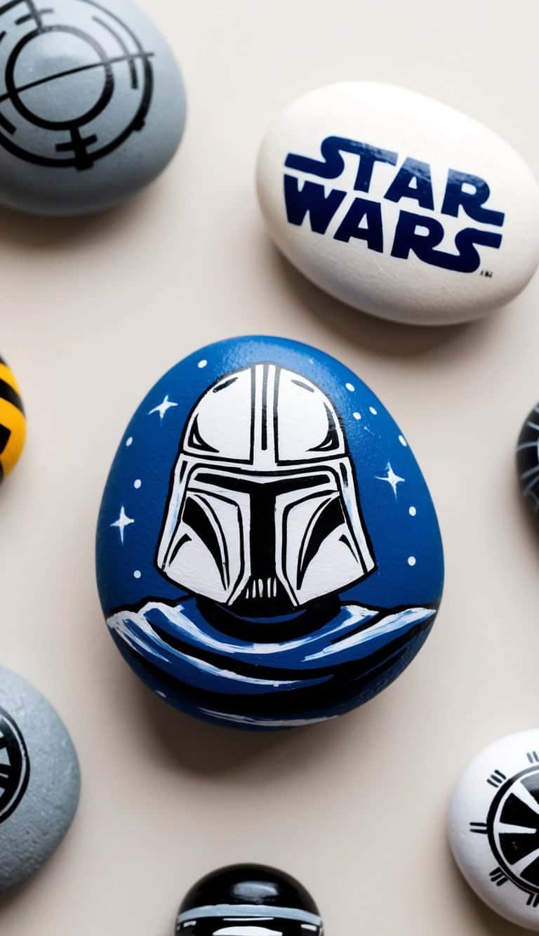 A Jedi Knight painted rock surrounded by other Star Wars themed rocks