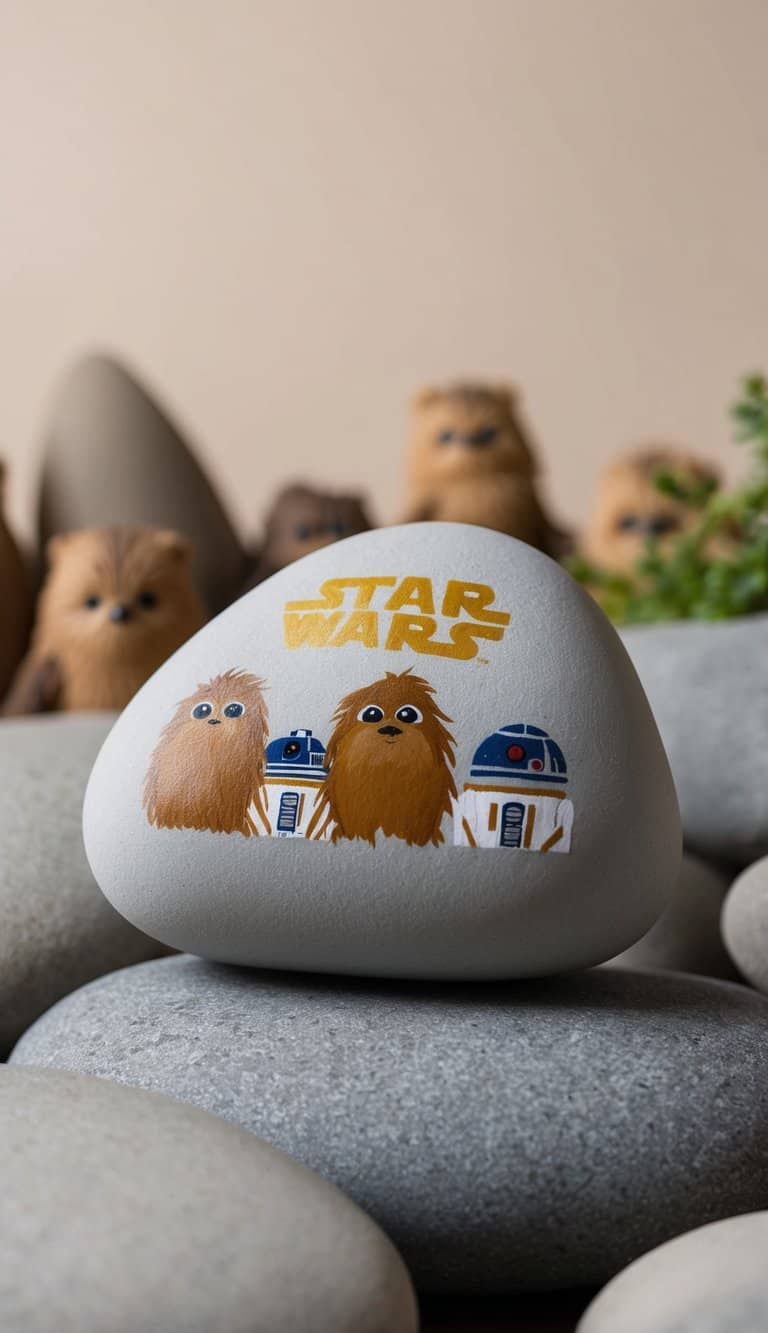 An Ewok village nestled among rocks, with Star Wars-themed designs painted on the surfaces