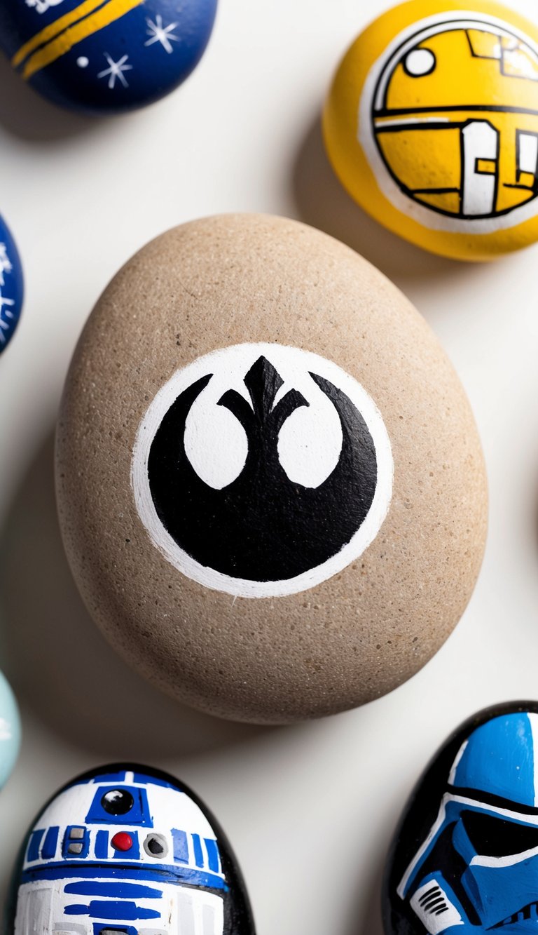 A weathered stone with the Rebel Alliance symbol, surrounded by other painted rocks depicting various Star Wars themes