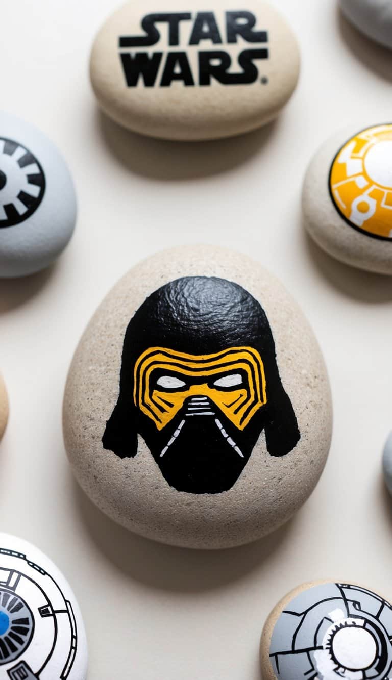 A stone with a painted Kylo Ren mask, surrounded by other Star Wars themed rocks