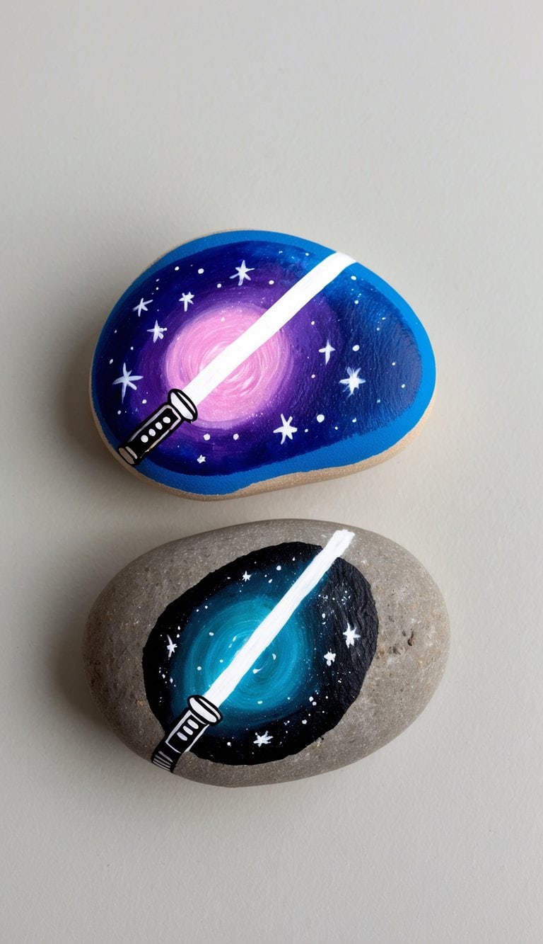Two lightsabers clash on a painted rock, surrounded by stars and galaxies