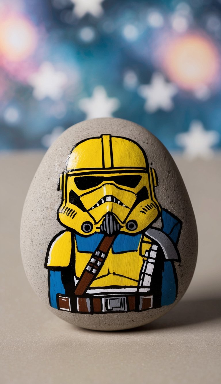 A bounty hunter painted rock, set against a backdrop of stars and galaxies, capturing the essence of the Star Wars universe