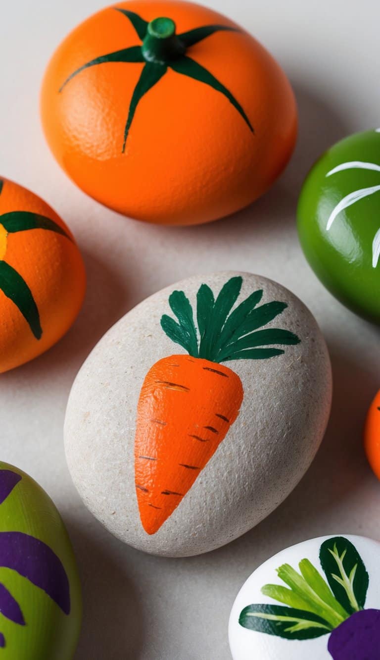 A bright orange carrot-shaped rock surrounded by other painted vegetable rocks