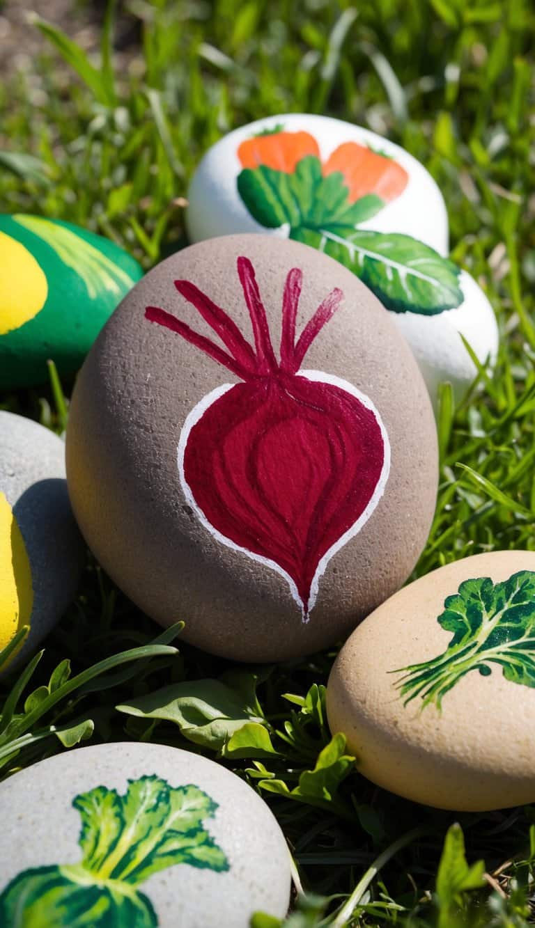 A beetroot-painted rock surrounded by other vegetable-painted rocks on a grassy surface
