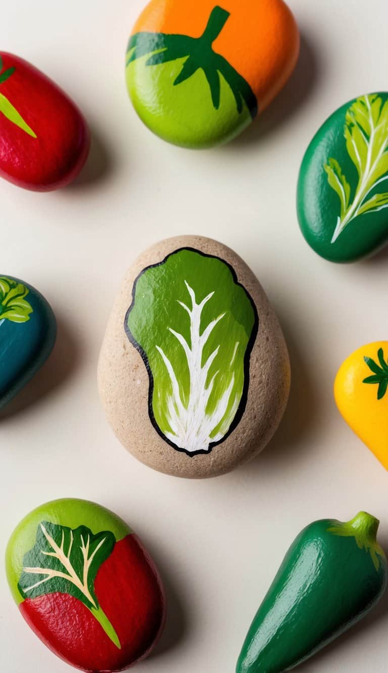 A crunchy lettuce-shaped rock surrounded by colorful vegetable painted rocks
