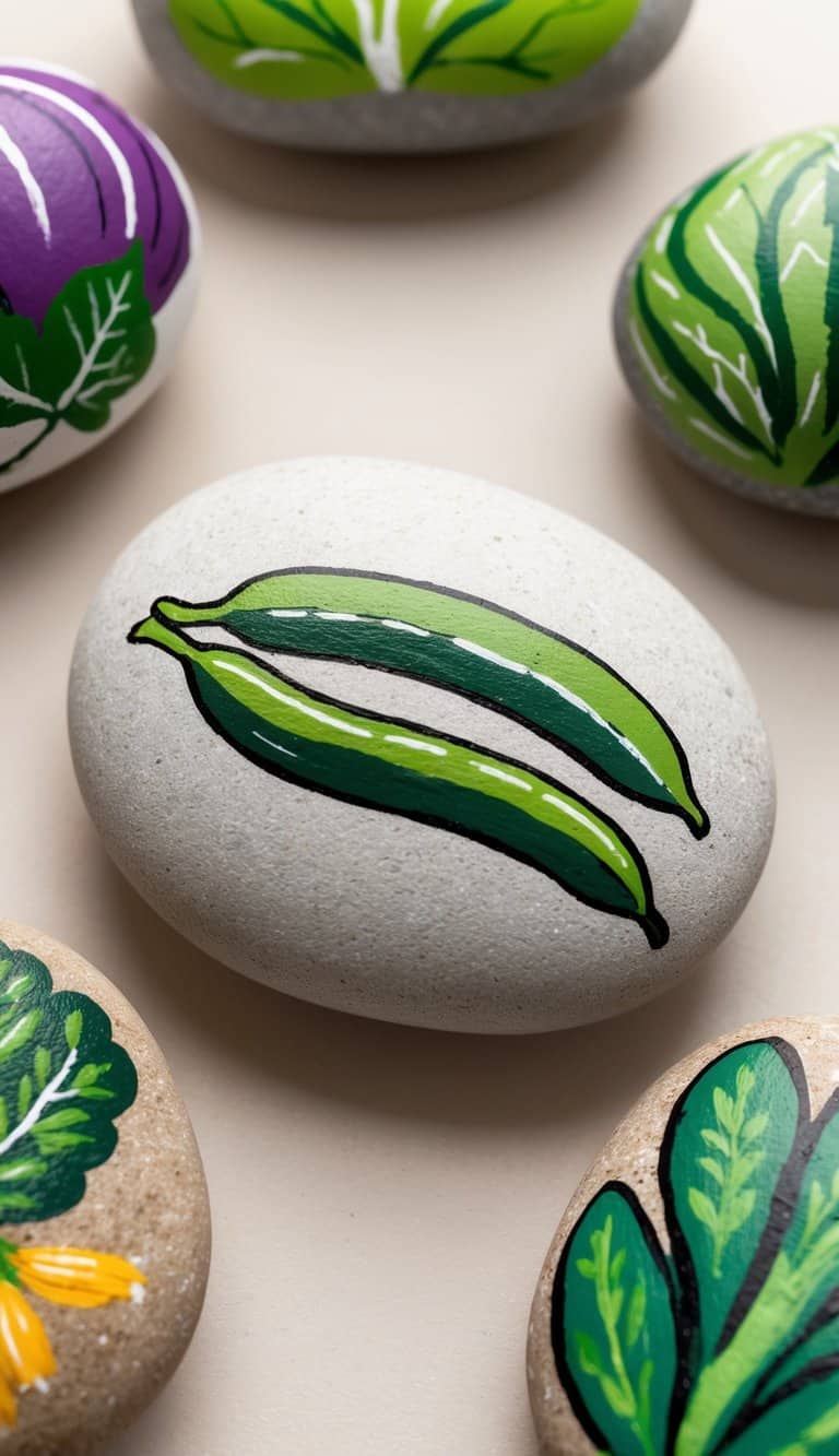 A string bean is painted on a rock, surrounded by other vegetable-themed rock art