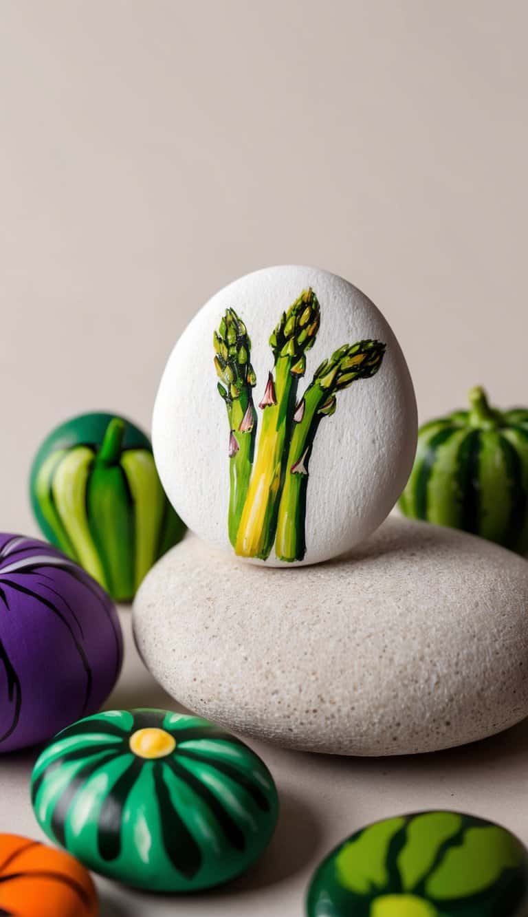 Fresh asparagus painted on a rock, surrounded by other vegetable-themed rocks
