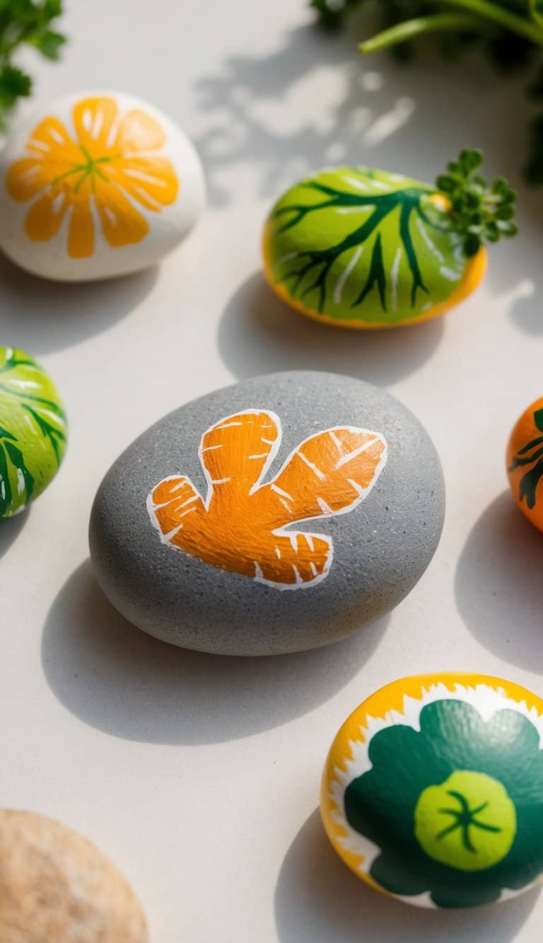 A ginger root-painted rock surrounded by other vegetable-painted rocks in a garden setting