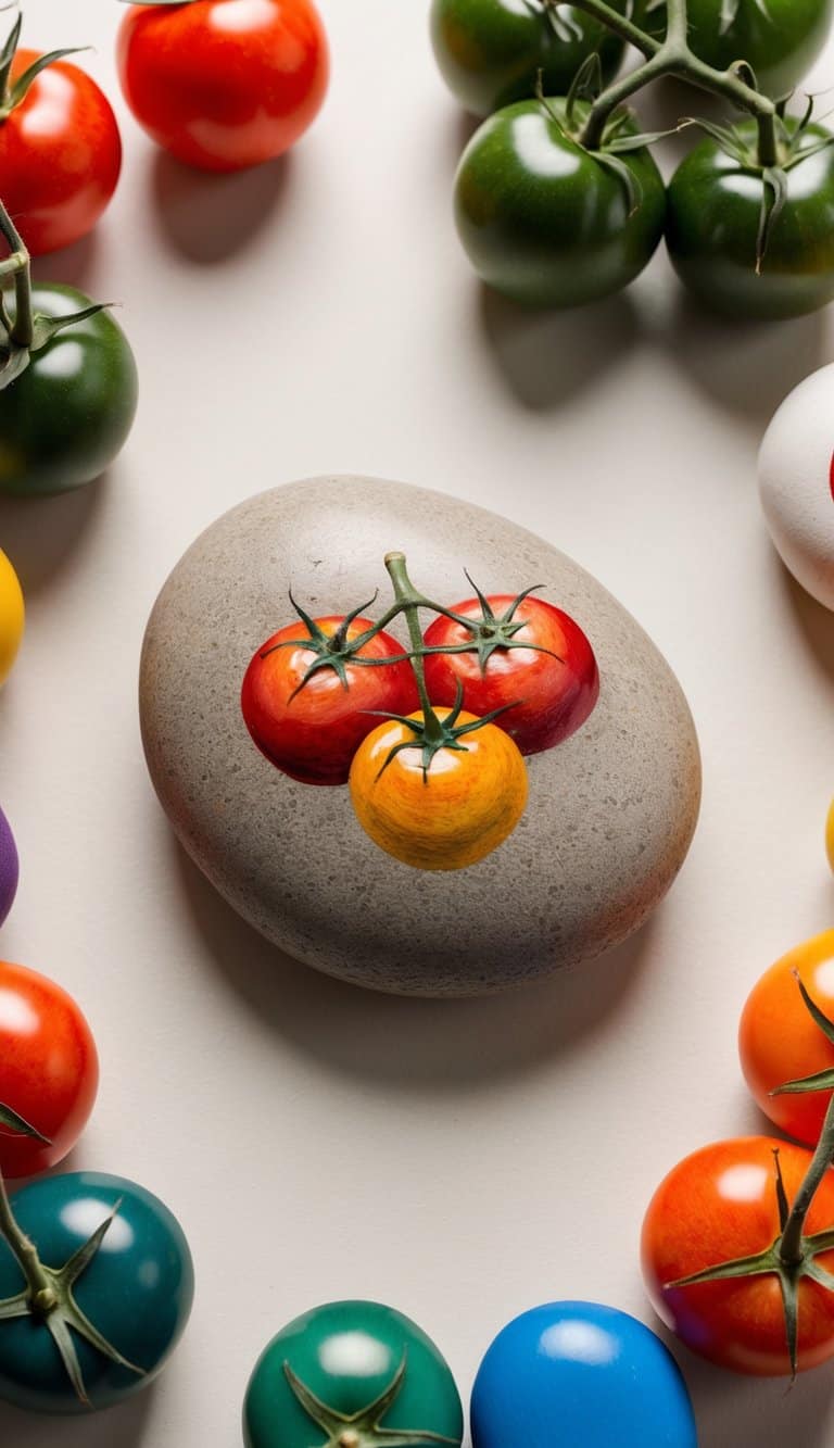 A cluster of vine tomatoes surrounded by colorful painted rocks