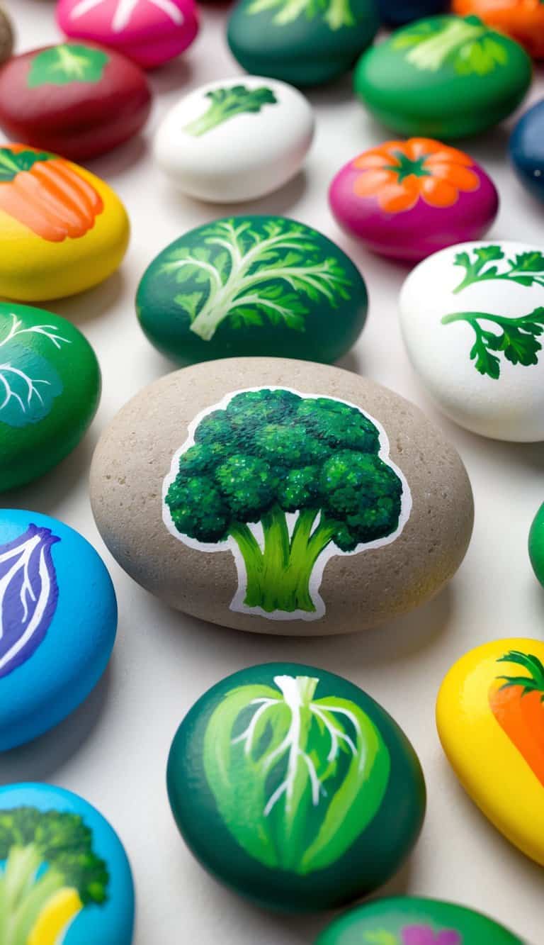 A charming broccoli painted stone sits among 49 other vegetable-themed rocks in a colorful display