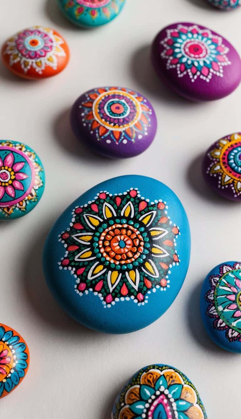 A collection of colorful pebbles with intricate bohemian designs arranged in a playful and free-spirited manner