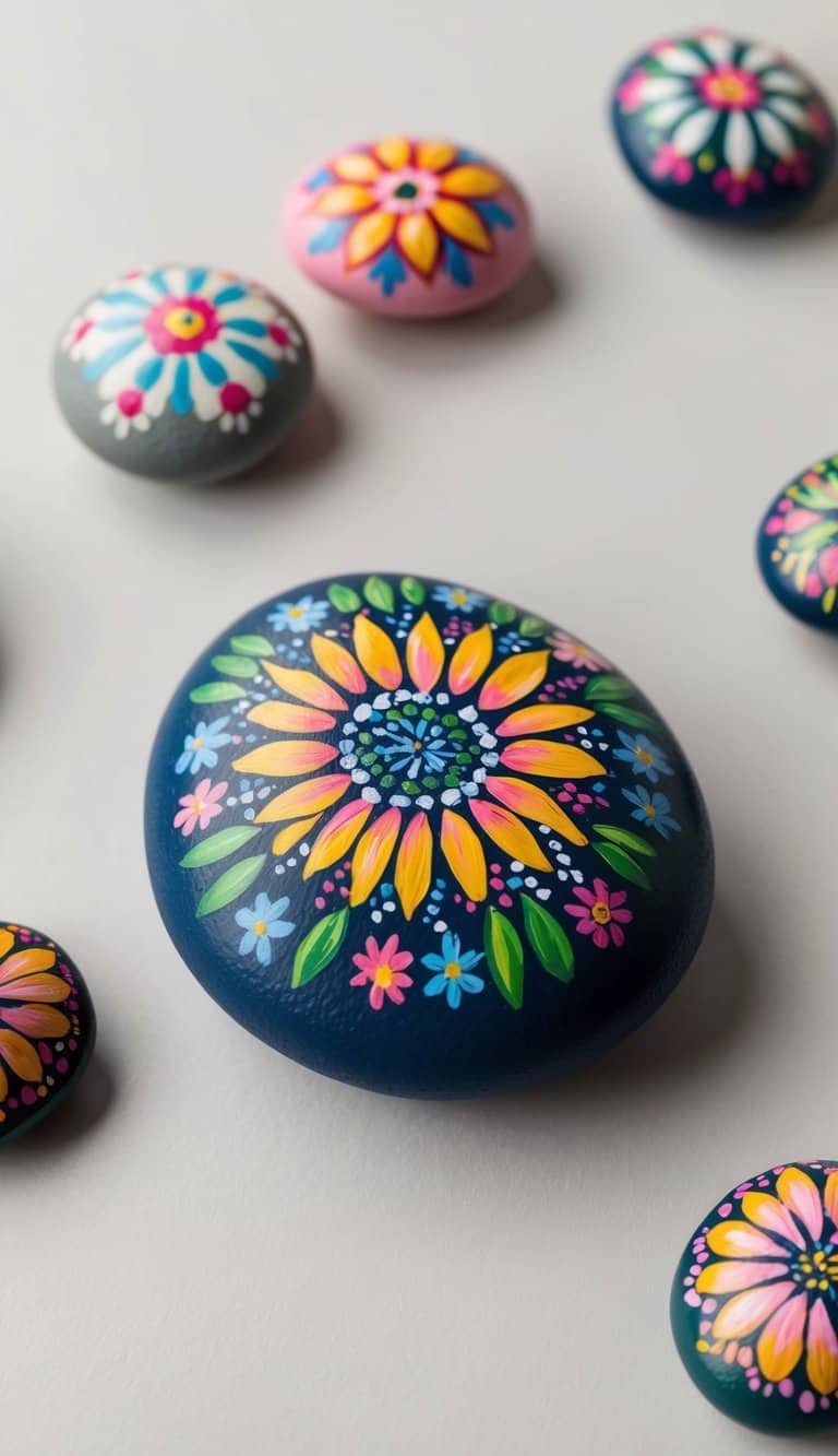 Pebbles adorned with vibrant floral patterns, exuding free-spirited boho vibes