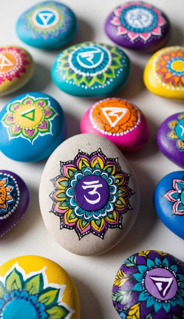 A collection of colorful painted rocks arranged in a bohemian style, featuring intricate designs and vibrant chakra-inspired patterns