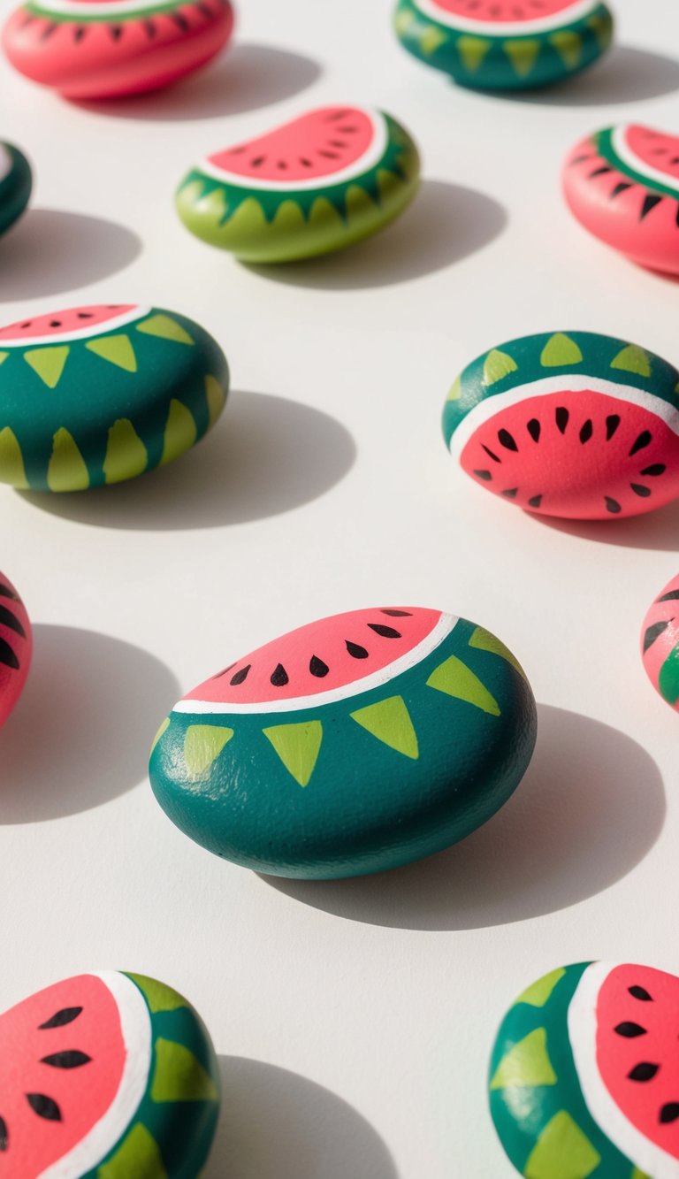 A collection of rocks painted with vibrant watermelon tribal patterns, arranged in a playful and summery display