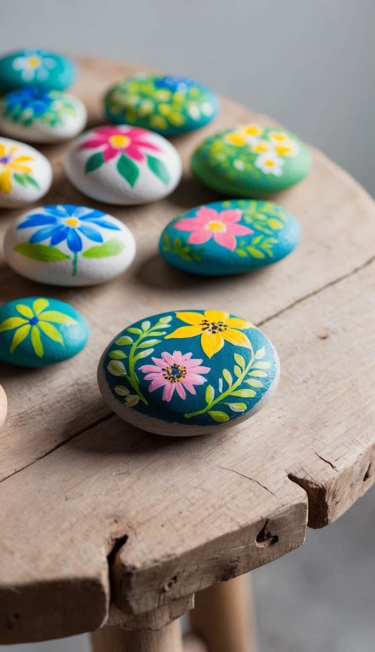 A collection of hand-painted rocks with vibrant botanical designs, arranged on a rustic wooden table in a bohemian-inspired setting