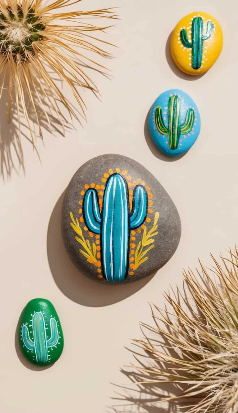 A desert landscape with colorful cactus motifs painted on rocks, surrounded by free-spirited bohemian elements