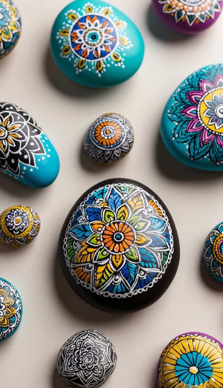 A collection of intricately painted rocks arranged in a bohemian style, featuring detailed zentangle designs in vibrant colors