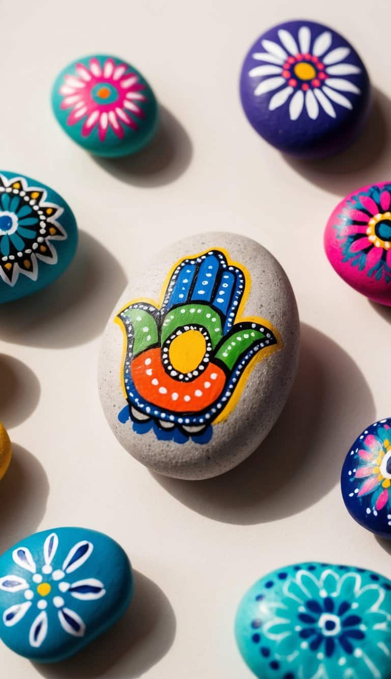 A colorful hamsa hand stone painting surrounded by bohemian-inspired painted rocks