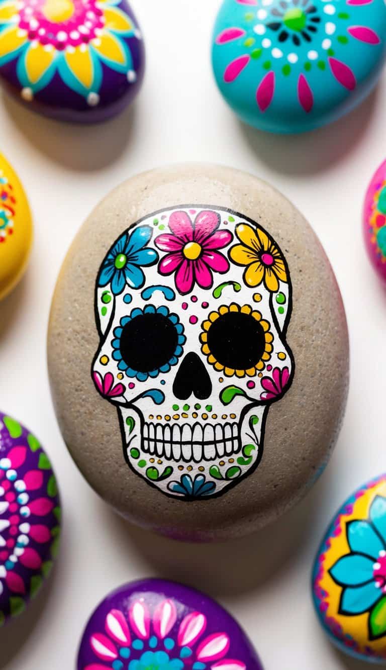 A colorful candy skull stone art surrounded by vibrant bohemian painted rocks