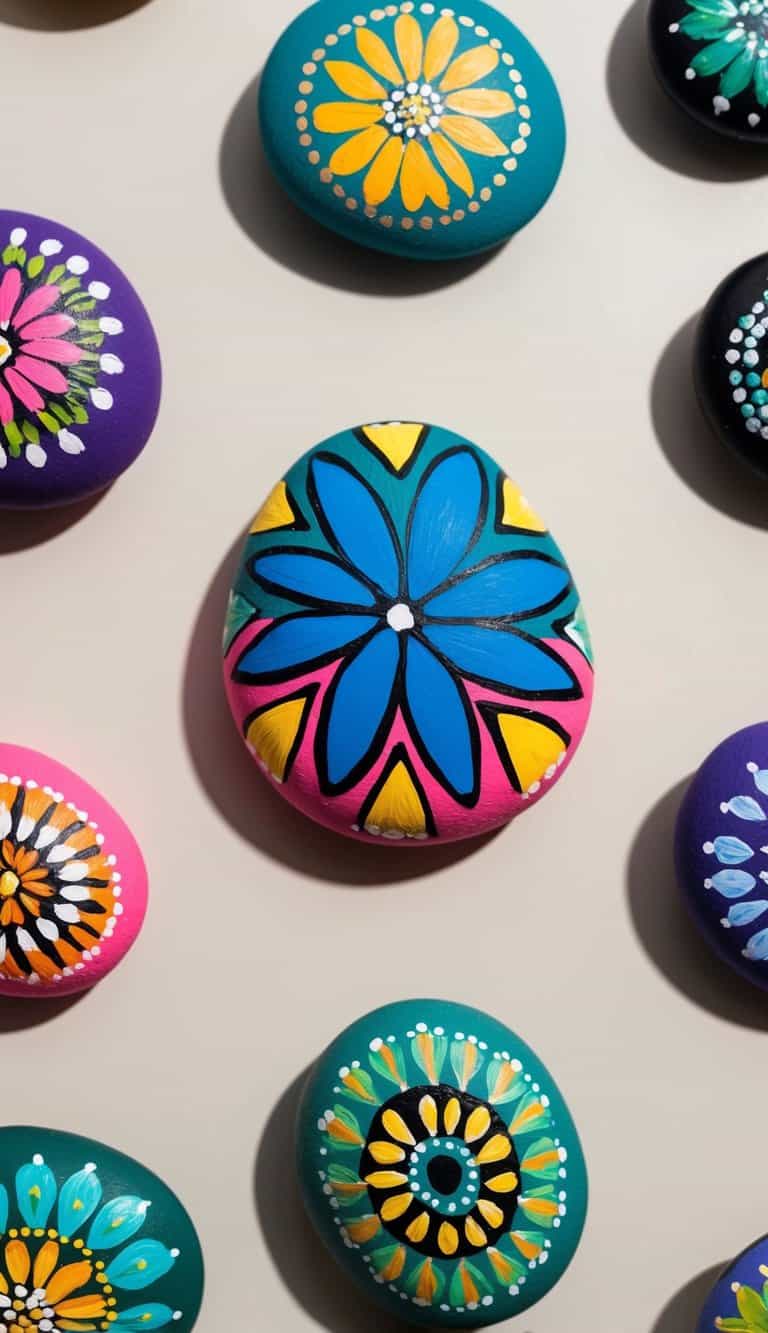 Vibrant, hand-painted rocks arranged in a bohemian-inspired display