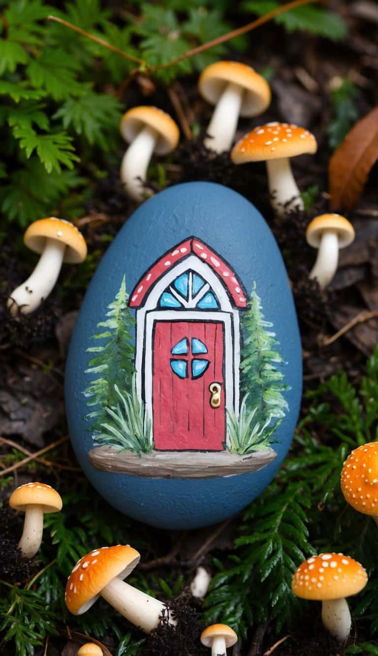 A forest floor with tiny mushrooms, surrounding a fairy door painted rock