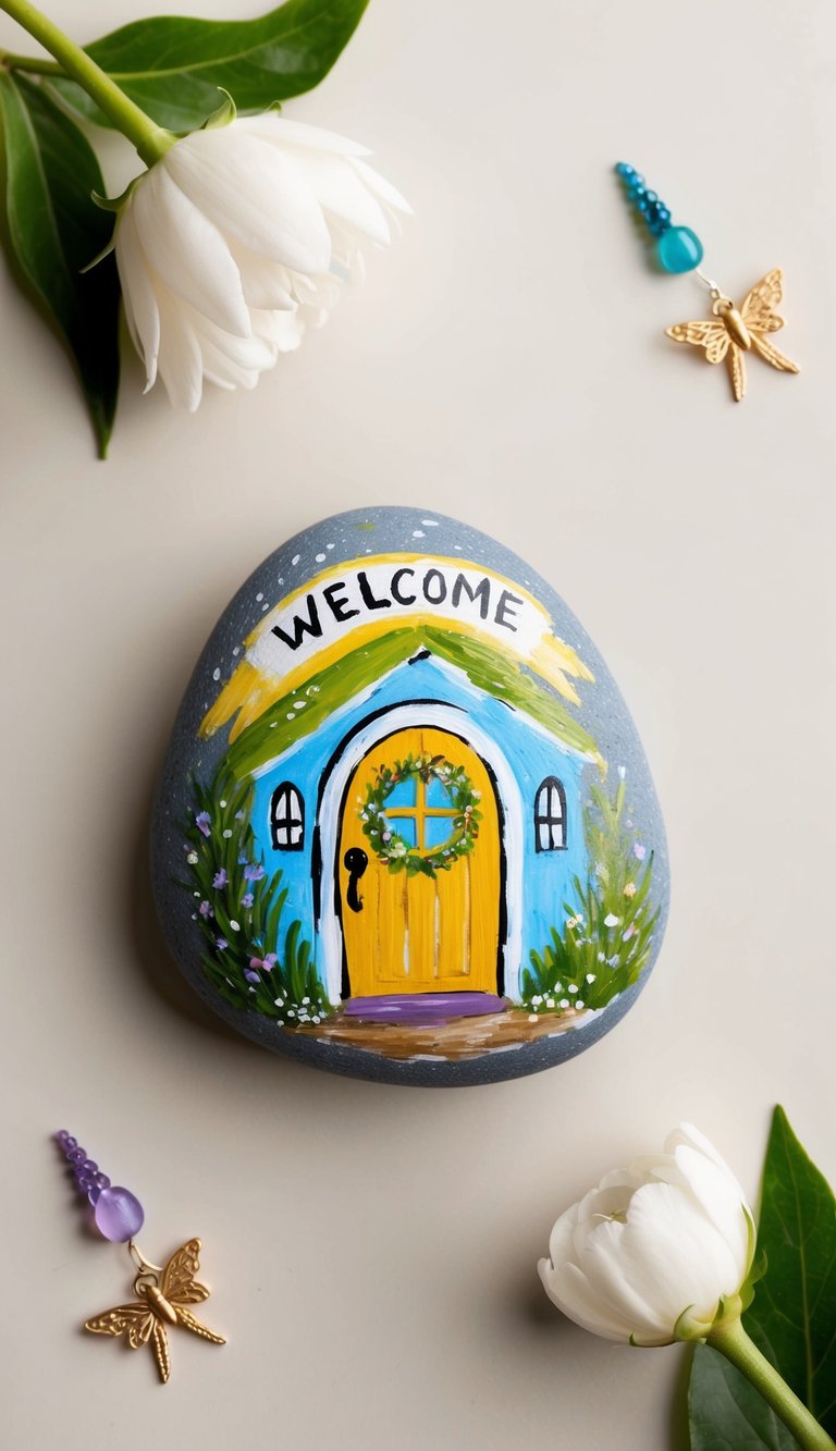 A miniature welcome mat sits in front of a whimsical fairy door painted on a rock, surrounded by tiny magical elements