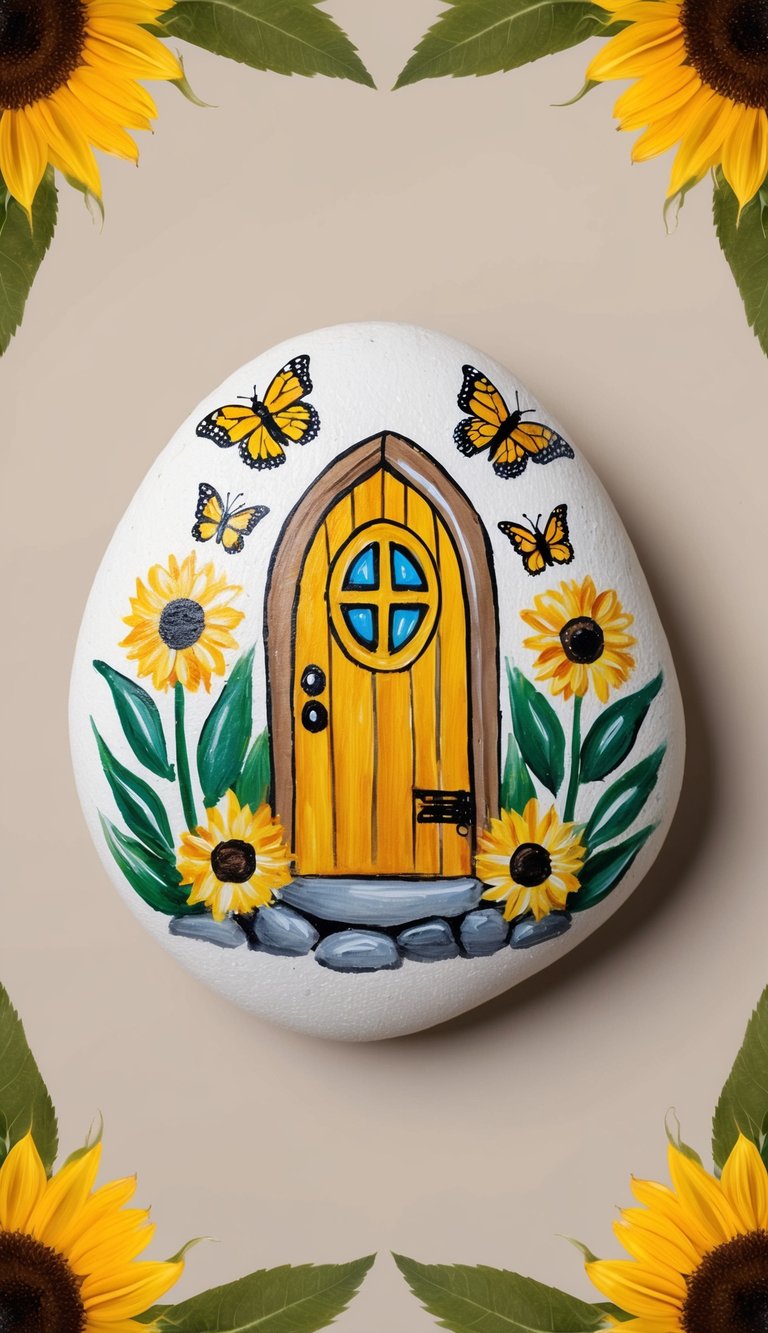 Sunflowers and butterflies surround a whimsical fairy door painted on a rock