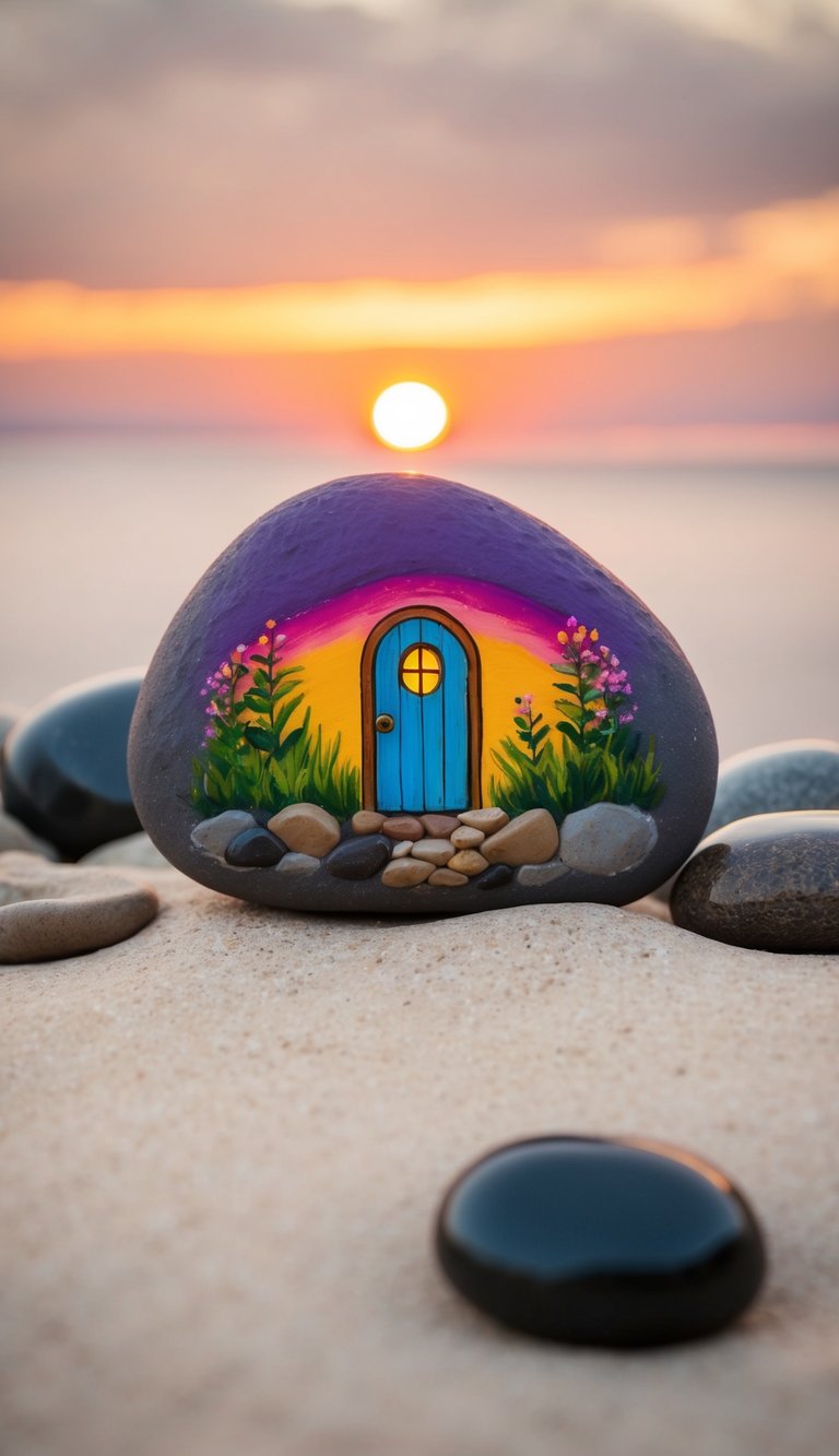A vibrant sunset illuminates a fairy door nestled among rocks