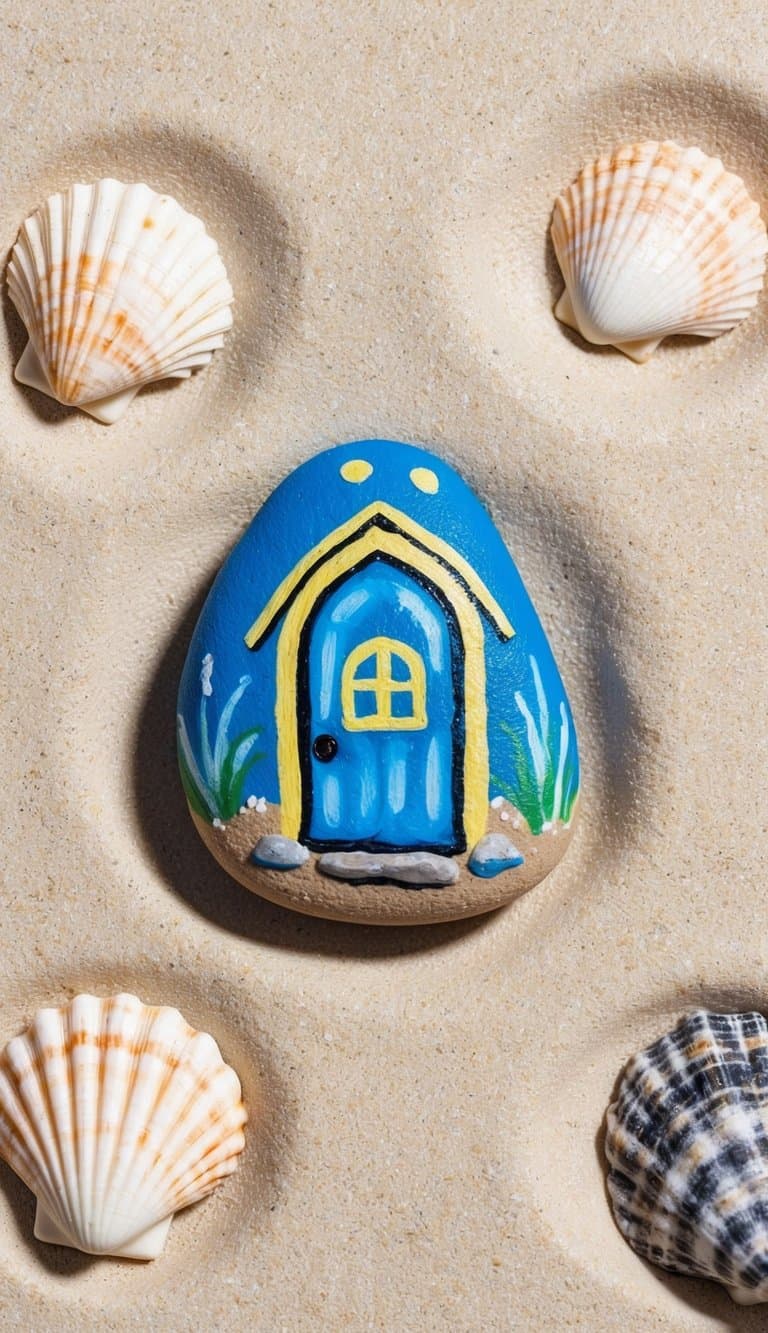 A tiny fairy door painted on a rock, surrounded by ocean-themed shells and a sandy beach