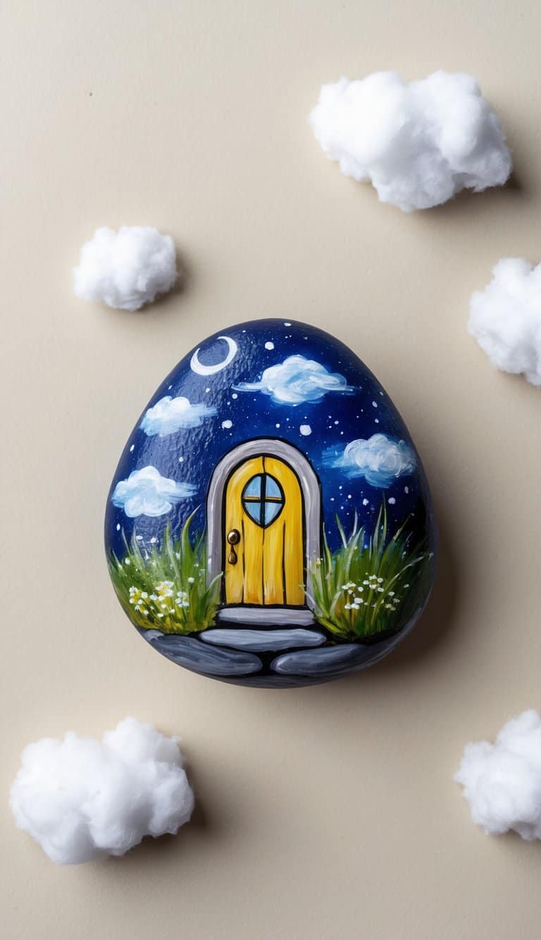 A fairy door painted on a rock, surrounded by celestial scenes and fluffy clouds