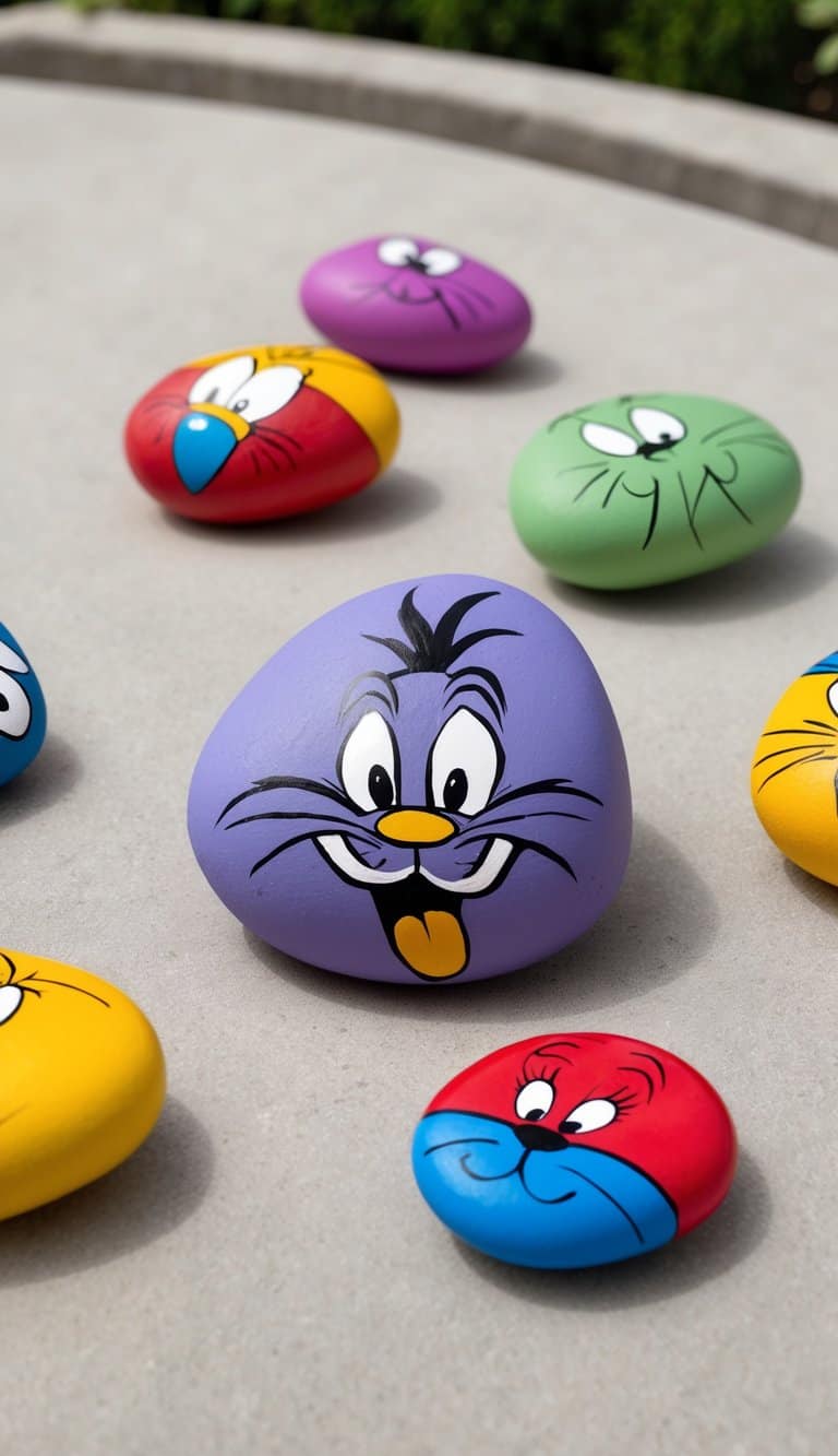 Colorful rocks painted with iconic Looney Tunes characters scattered in a garden
