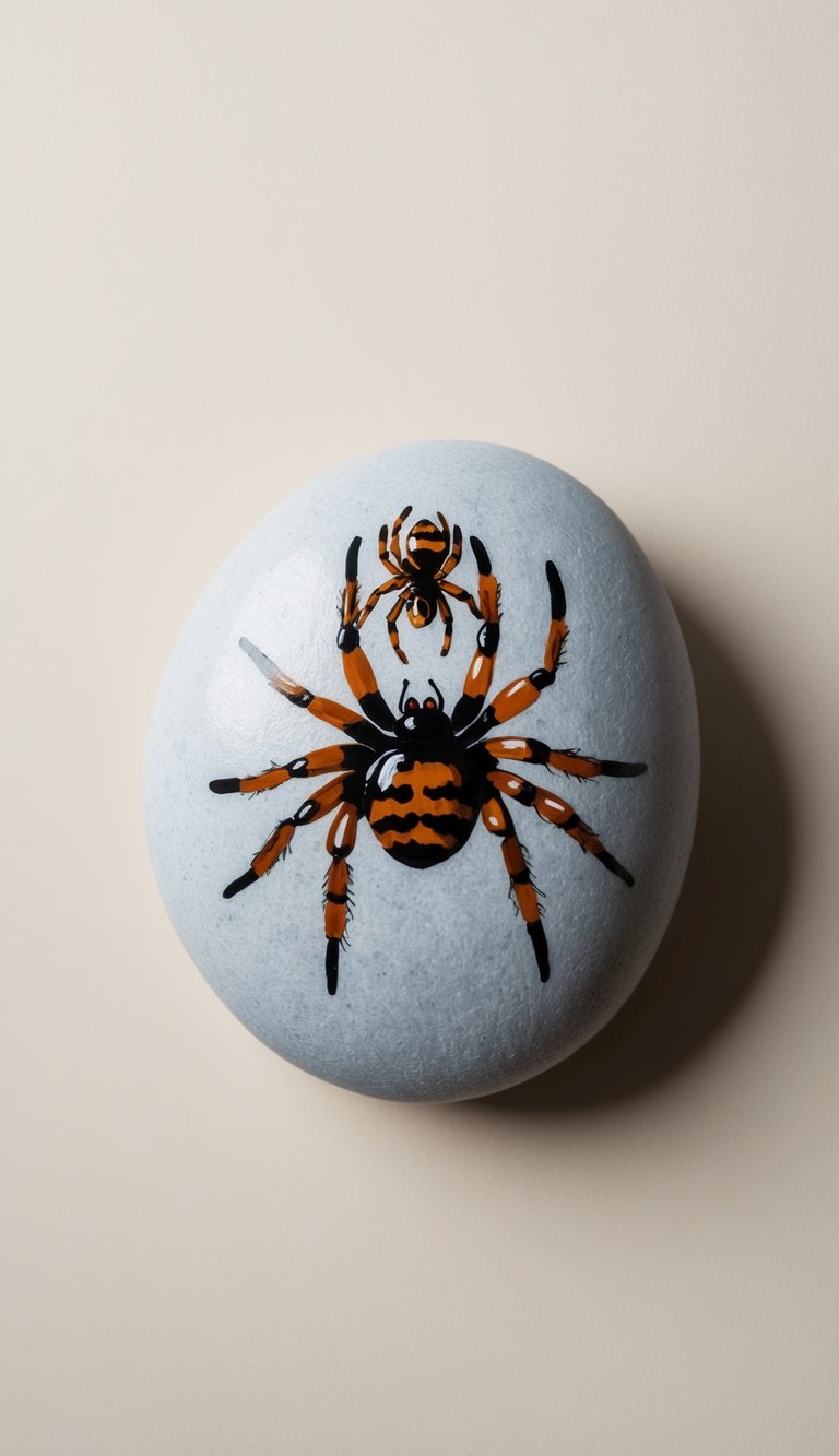 A spider family crawls on a single rock, each with unique markings and sizes, creating a creepy-crawly scene for an illustrator to recreate