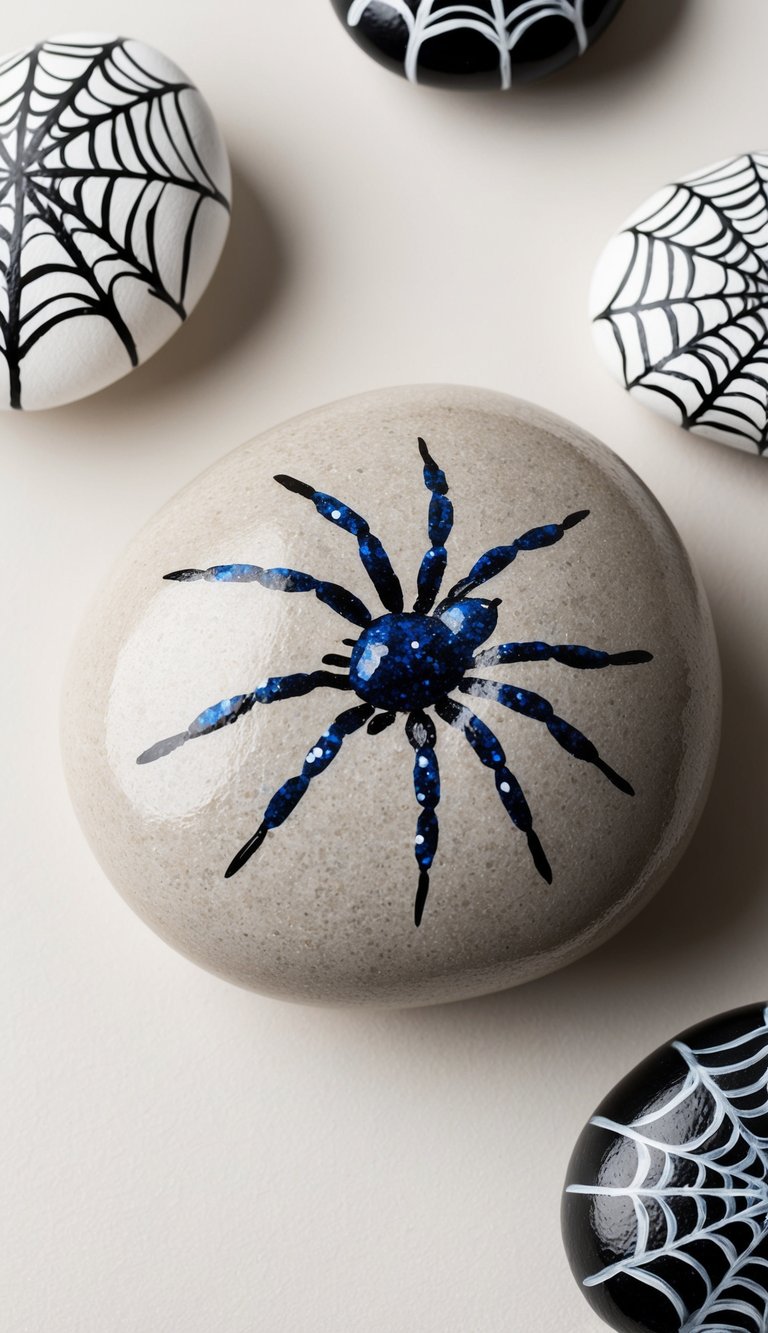 A glittery spider crawls across a painted rock, surrounded by other spider-themed designs