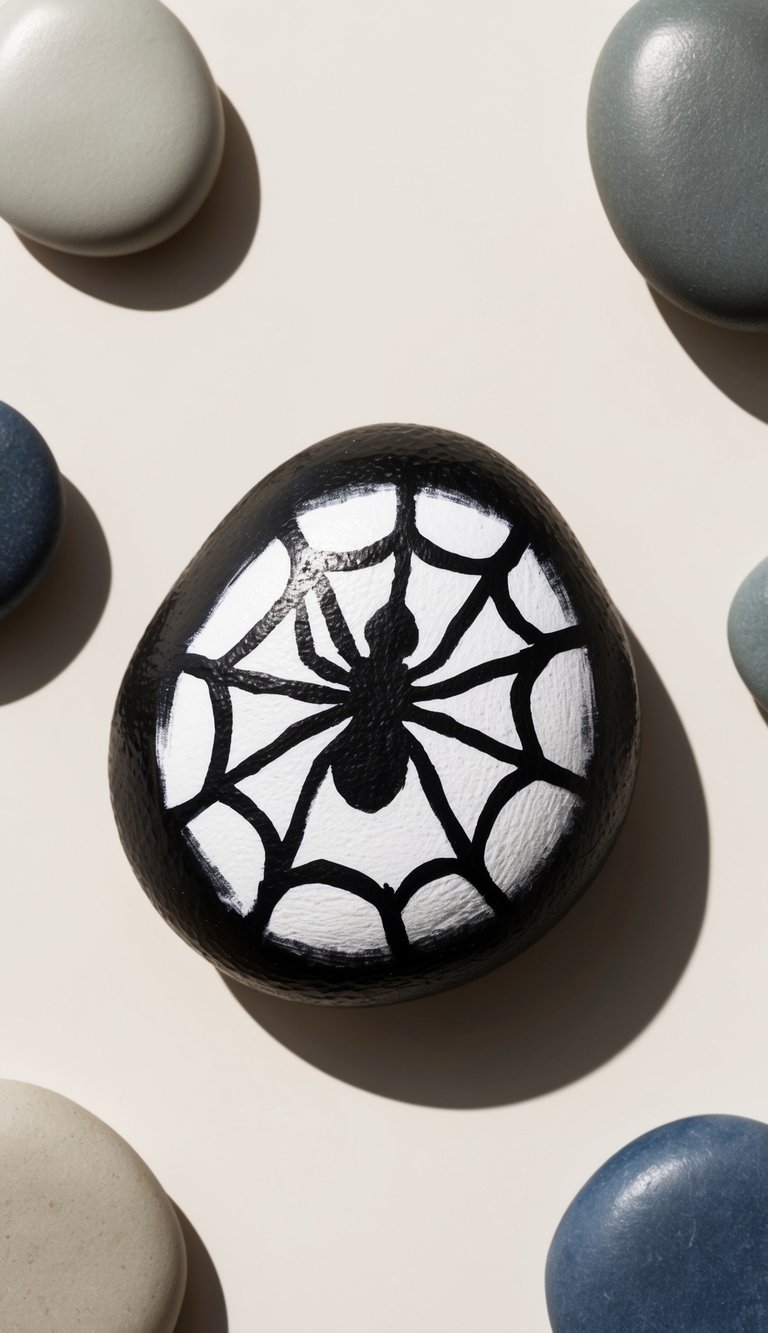 A monochrome spider painted rock surrounded by various shades of smaller spider rocks