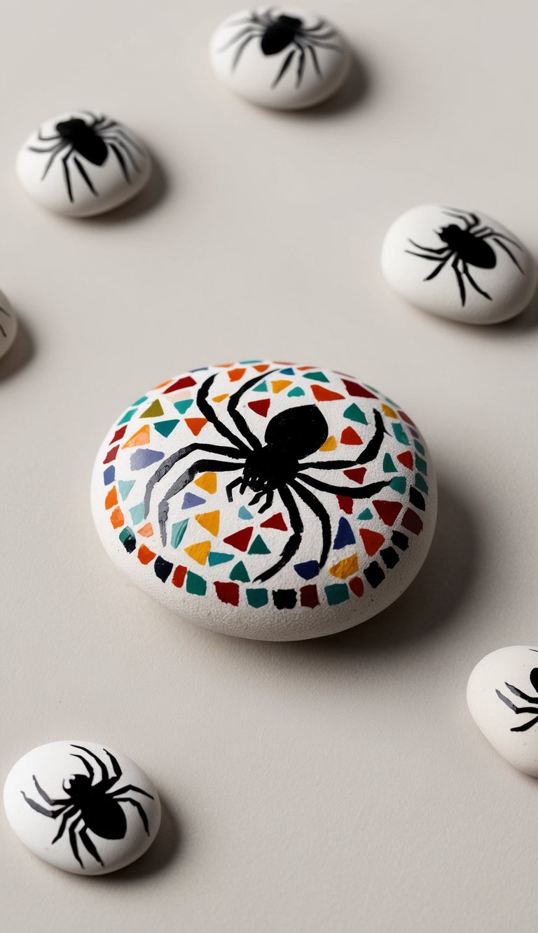 A mosaic-patterned rock with a spider painted on it, surrounded by smaller spider-painted rocks