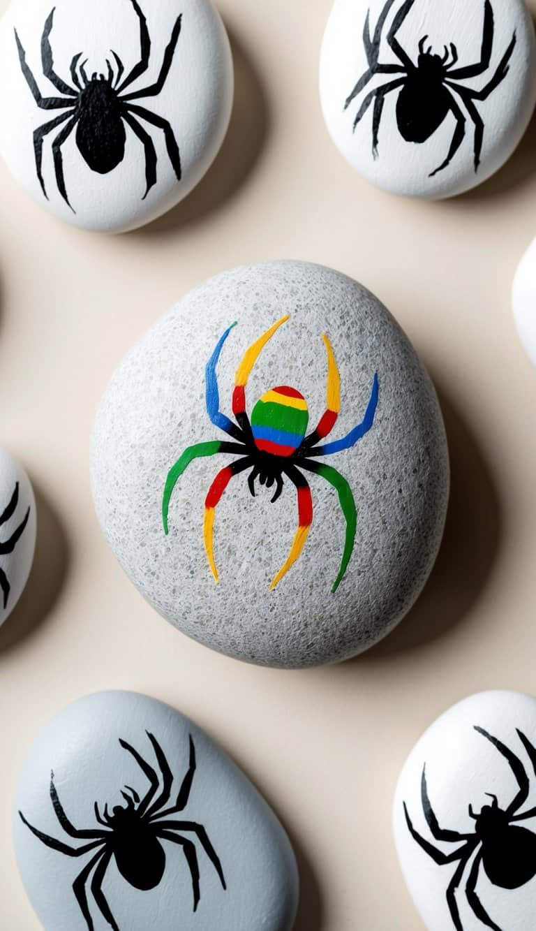 A spider with rainbow stripes crawls across a textured rock, surrounded by other spider-themed painted rocks