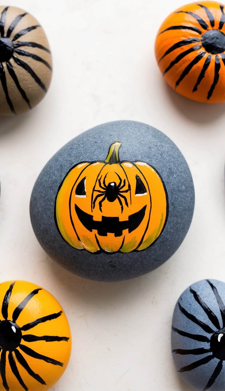 A spider emerges from a pumpkin, surrounded by spider-painted rocks